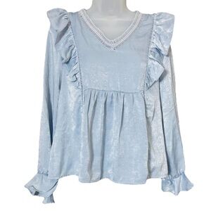 Altar'd State Womens XS Long Sleeve Babydoll Ruffle V-neck Feminine Blouse Blue